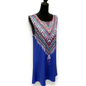 Knee Length Blue Tribal Inspired Print in Bold Colors Sleeveless Mini-Dress